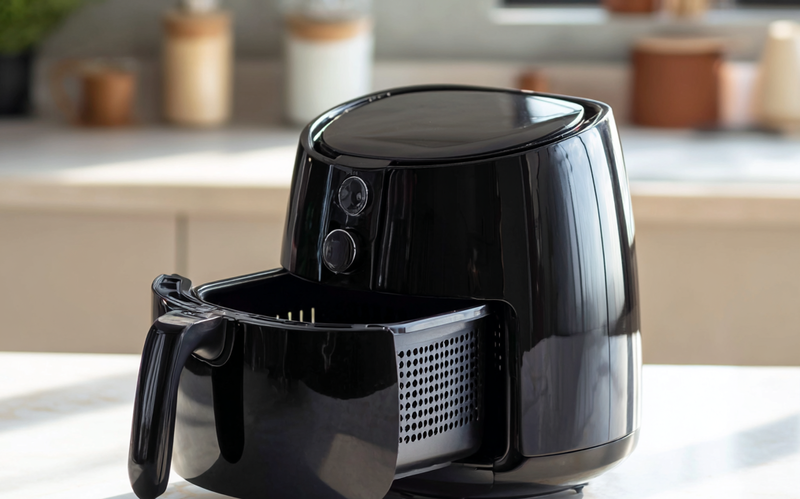 Airfryer staat op keukenblad in moderne keukenomgeving