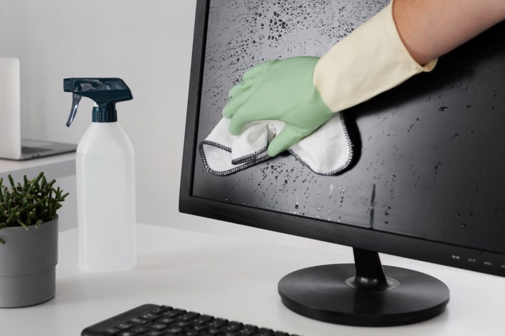Beeldscherm schoonmaken met microvezeldoek en handschoenen voor veilig, streeploos resultaat