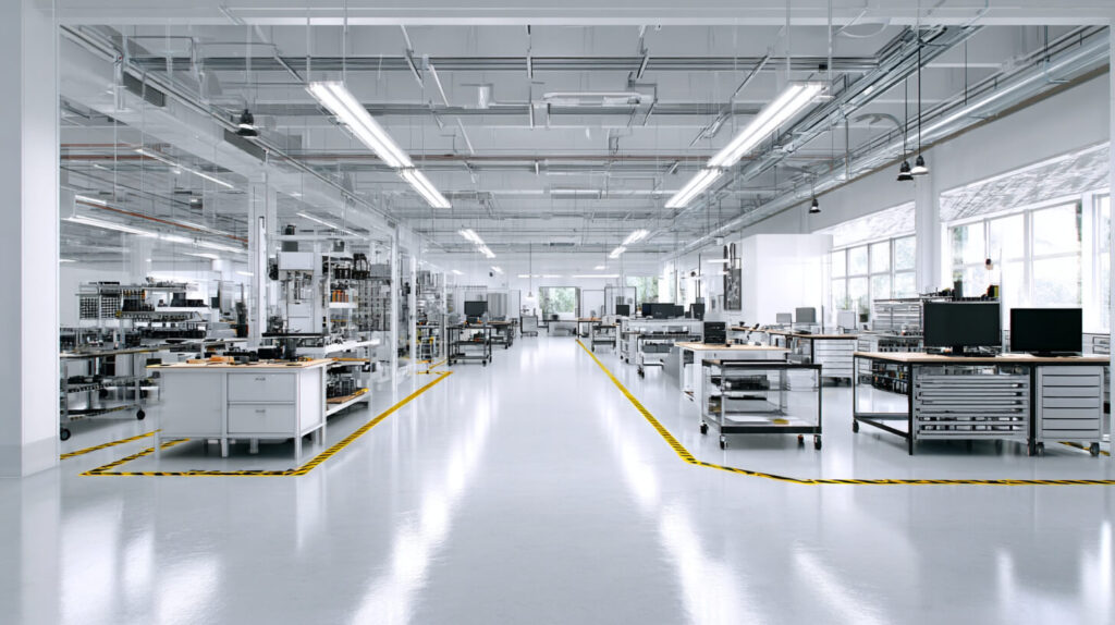 Bedrijfsruimte schoonmaken in een moderne werkplaats met nette werkstations en schone vloeren