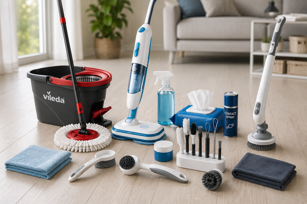Diverse schoonmaakproducten zoals een dweilsysteem, mopset, borstels, reinigingsspray en microvezeldoeken op een vloer in een schoon interieur