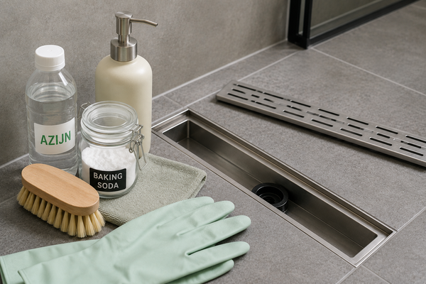 Douchegoot met schoonmaakmiddelen zoals baking soda, azijn, borstel en handschoenen klaar voor een grondige reiniging van de afvoer