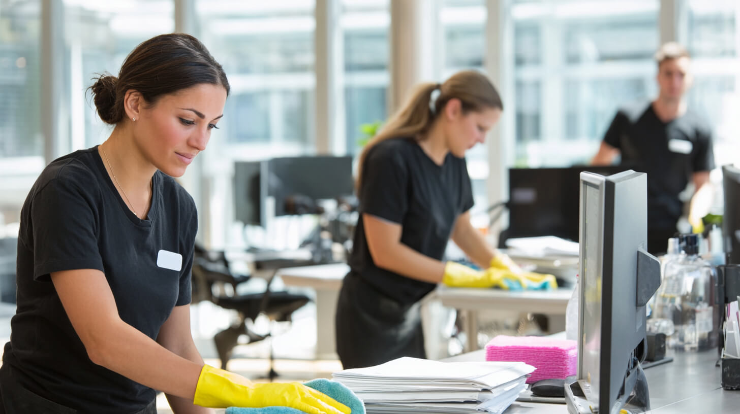 Bedrijfsruimte schoonmaken op kantoor waarbij medewerkers bureaus en werkplekken reinigen
