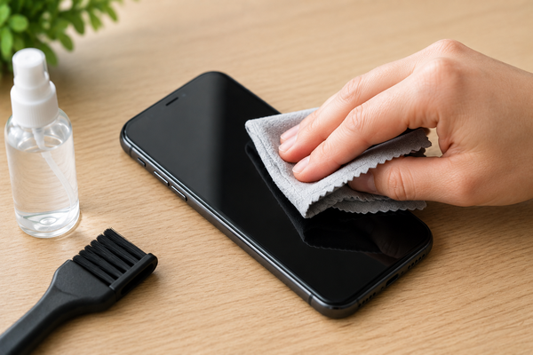 Microvezeldoek reinigt het scherm van een smartphone voor een streeploos en hygiënisch resultaat