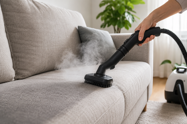 Persoon reinigt een lichte stoffen bank met een stoomreiniger in een moderne woonkamer voor het verwijderen van vuil en geurtjes