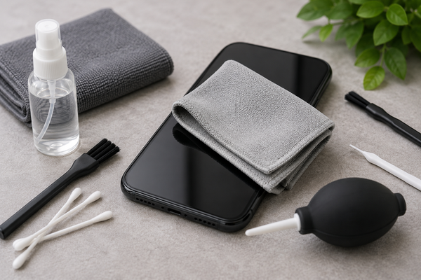 Smartphone met microvezeldoek, reinigingsspray en schoonmaakaccessoires voor veilig telefoononderhoud