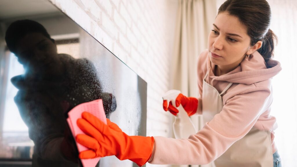 Voorjaarsschoonmaak van keukenapparaat waarbij vrouw met doek en spray vet en vuil van oppervlak verwijdert